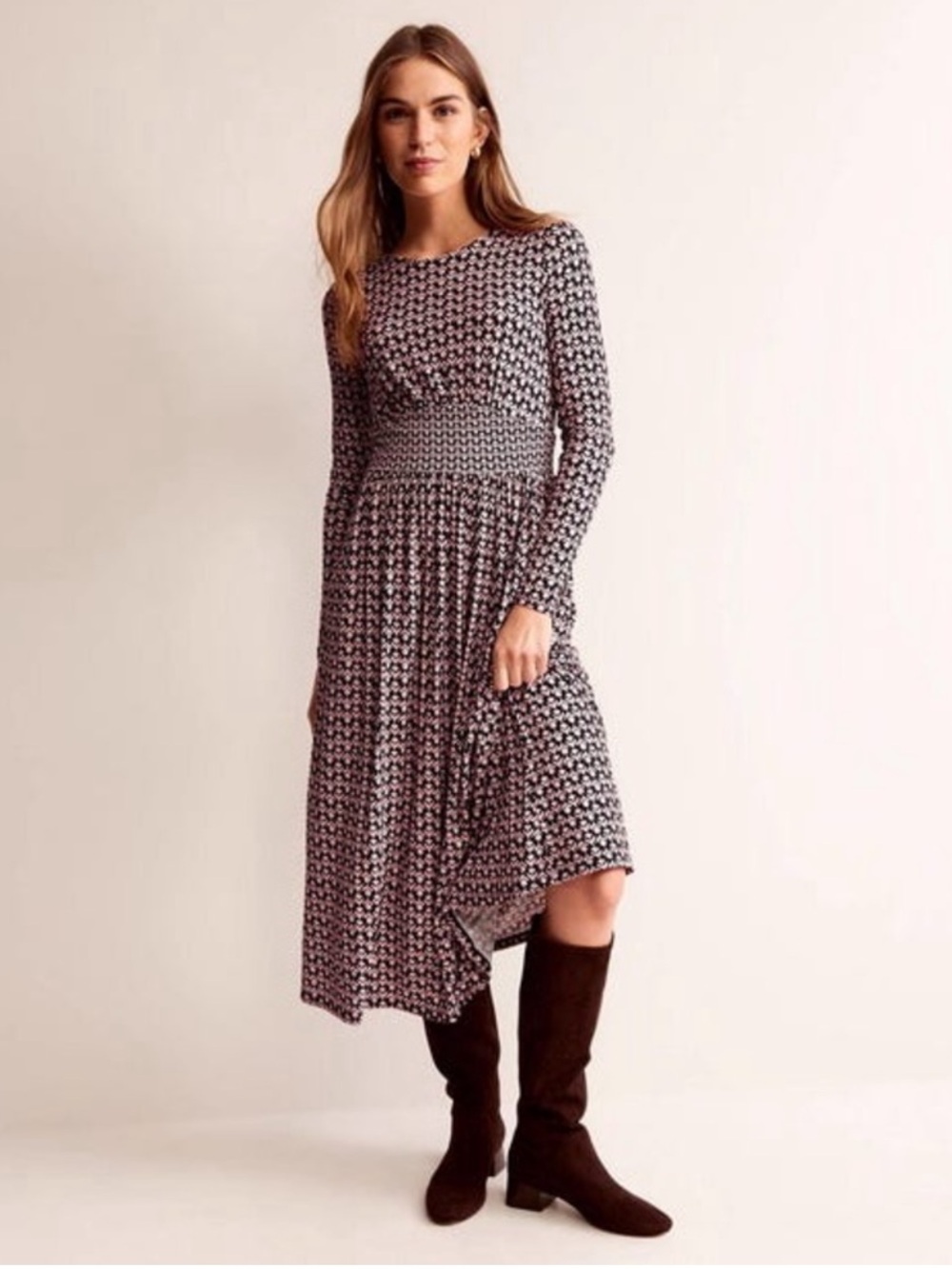 Boden Thea Long Sleeve Midi Dress Size 10 Pink Black